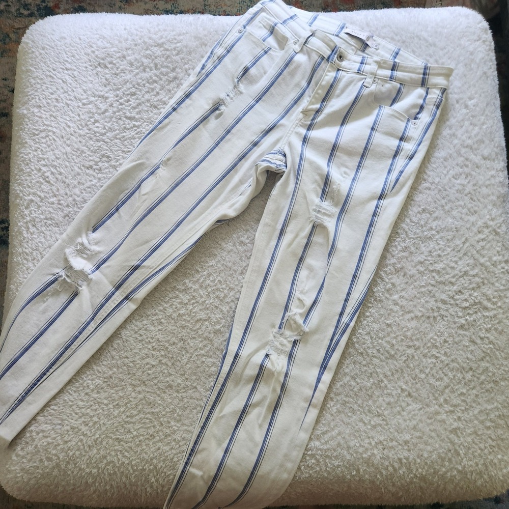 Billy T Women White Blue Striped Distressed Raw Hem Skinny Jeans Size 10